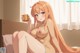 A naked anime girl sitting on a bed holding a cup of coffee.