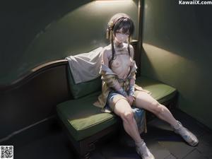 A woman sitting on a green couch in a room.